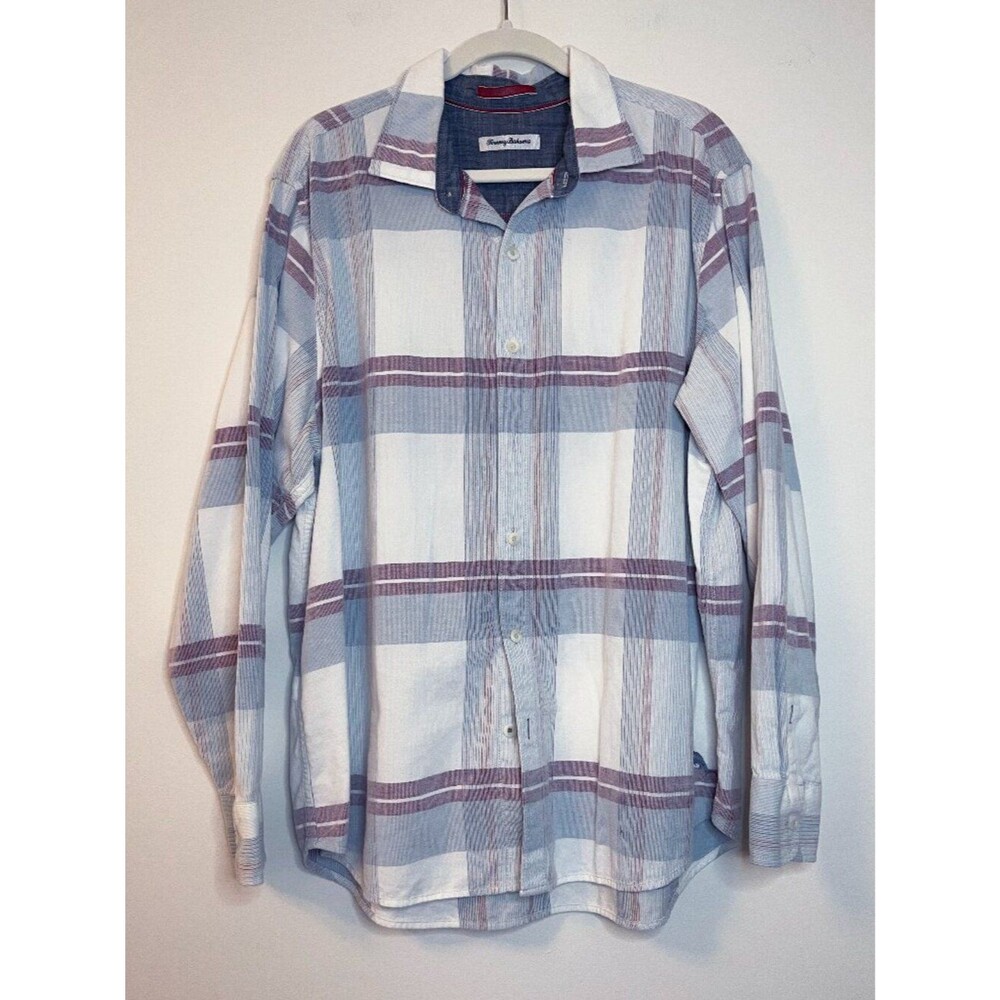 Tommy Bahama Plaid Button Down Shirt Men's XL White Blue Burgundy 100% Cotton